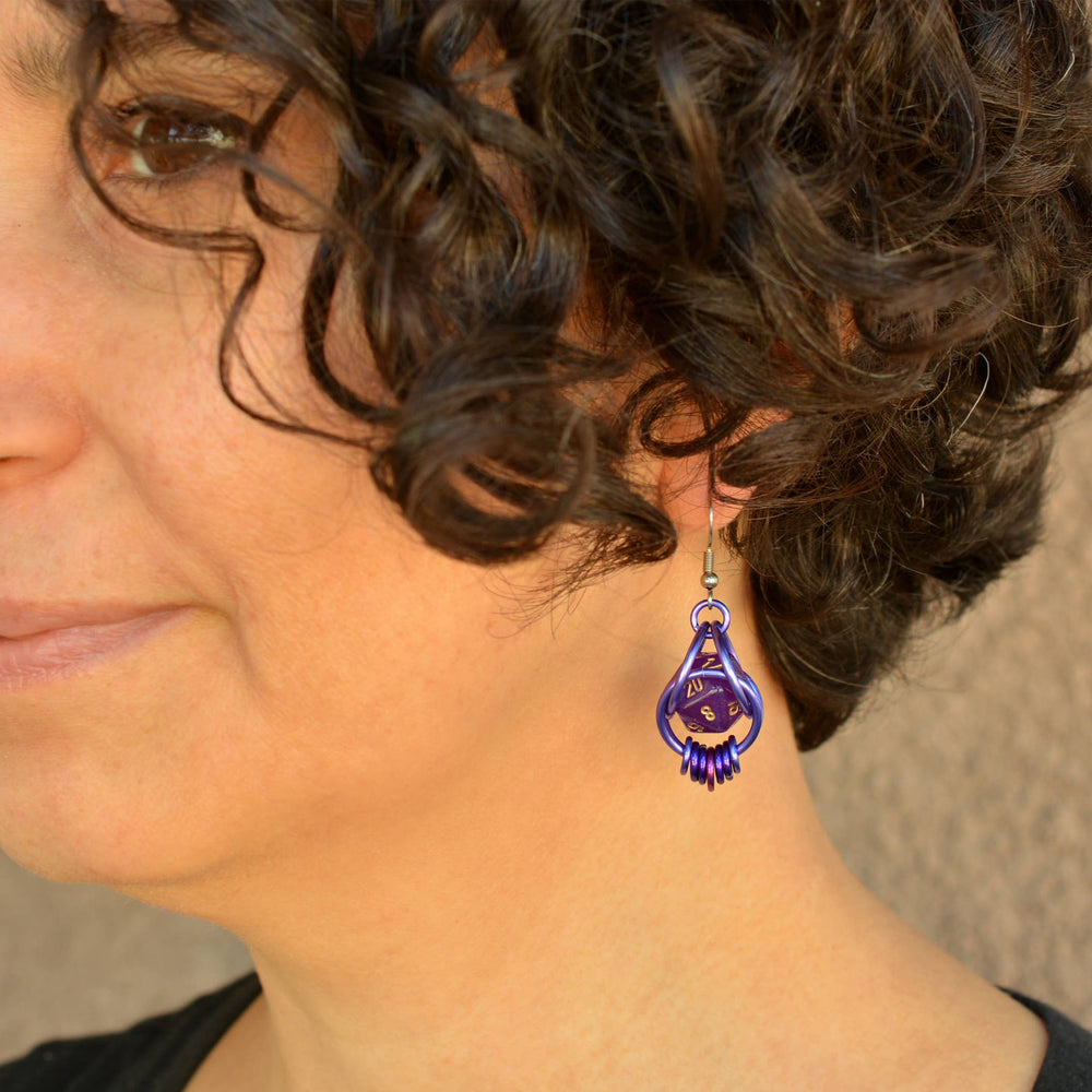 D20 Purple Magic Earrings - Mini Dice in Chainmaille Cage
