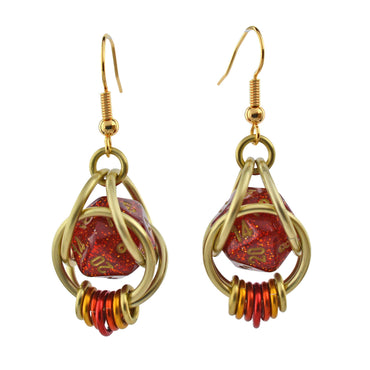 D20 Red Glitter Earrings - Mini Dice Chainmaille Jewelry: Gold-plate