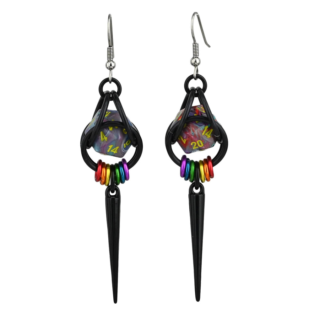 D20 Black Rainbow LGBTQ Pride Spike Dice Earrings: Multi / Black stainless