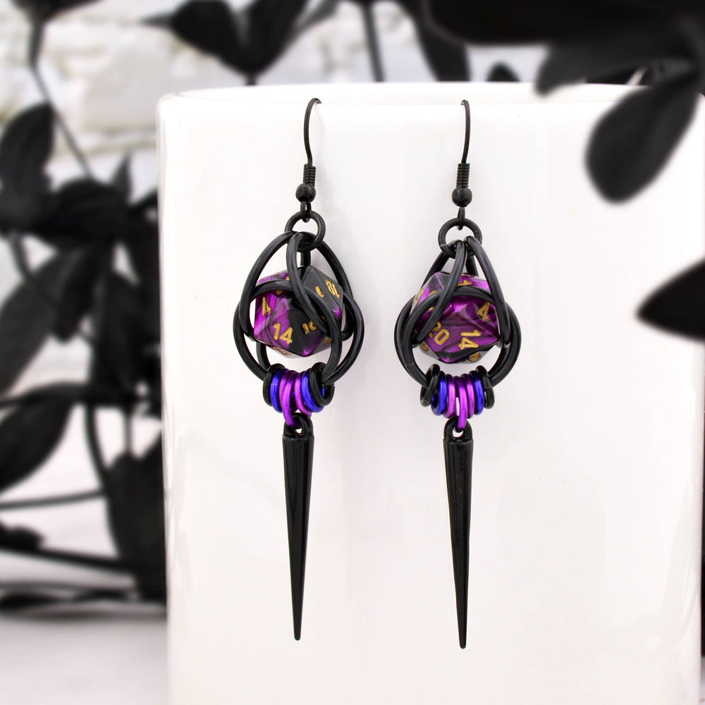 D20 Purple Goth Spike Dice Earrings: Black stainless