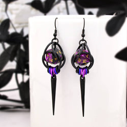 D20 Purple Goth Spike Dice Earrings: Black stainless