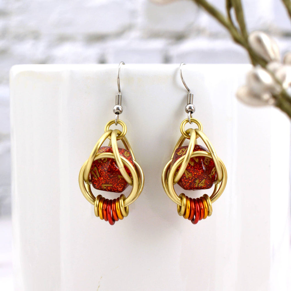 D20 Red Glitter Earrings - Mini Dice Chainmaille Jewelry: Gold-plate