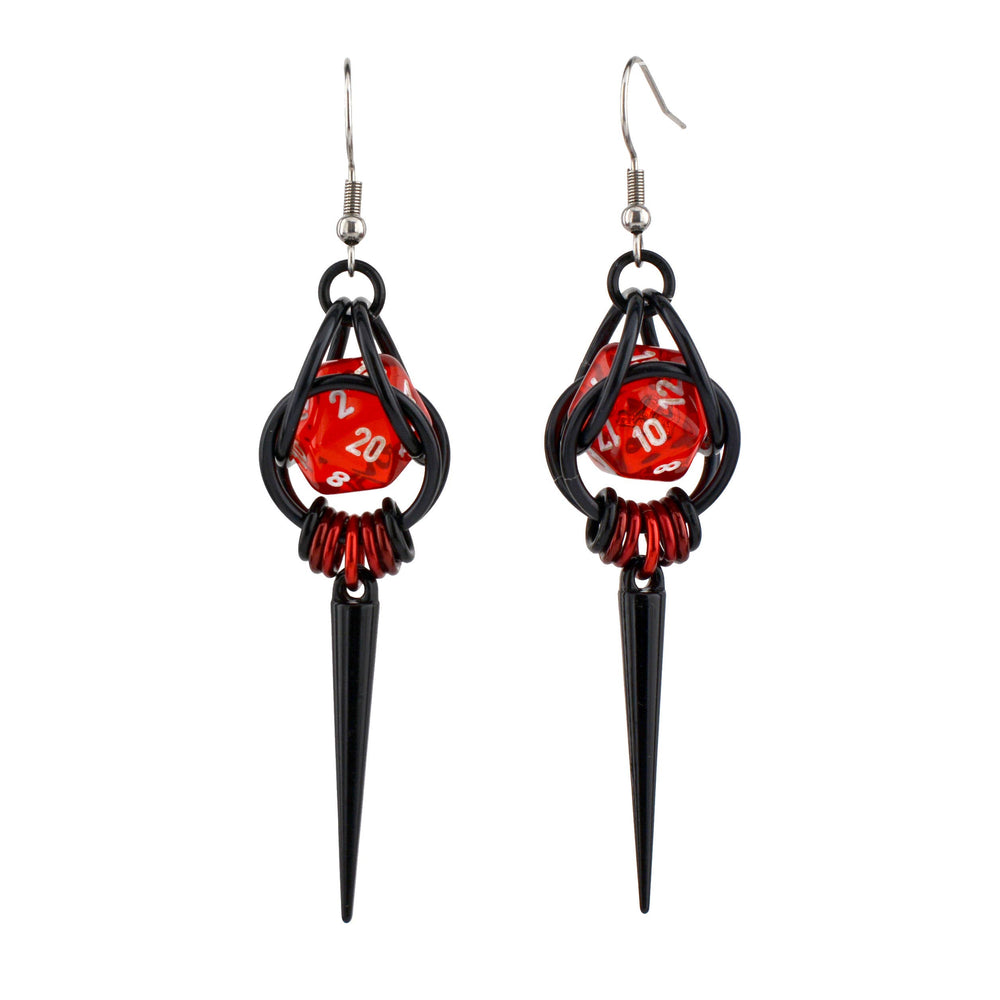 D20 Red + Black Spike Dice Earrings : Black stainless