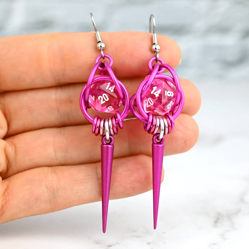 D20 Dice Earrings with Spike - Pink