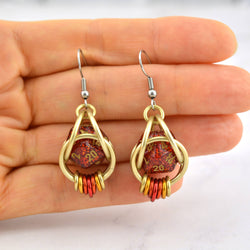 D20 Red Glitter Earrings - Mini Dice Chainmaille Jewelry: Gold-plate