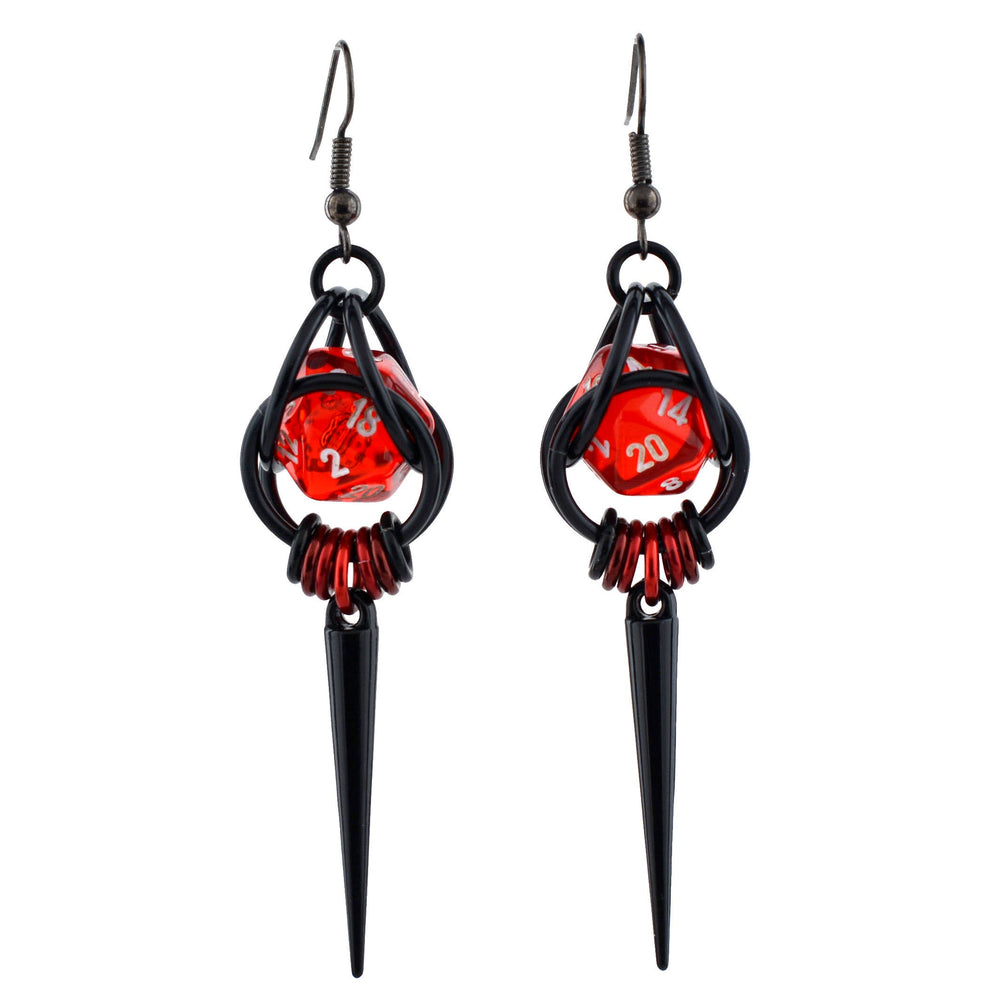 D20 Red + Black Spike Dice Earrings : Black stainless