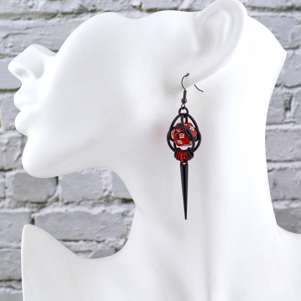 D20 Red + Black Spike Dice Earrings : Black stainless