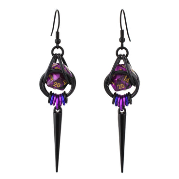 D20 Purple Goth Spike Dice Earrings: Black stainless