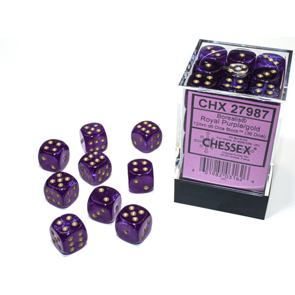 Chessex 12mm d6 (36) Borealis Luminary - Royal Purple/Gold