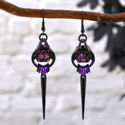 D20 Purple Goth Spike Dice Earrings: Black stainless