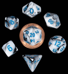 10mm Mini Dice Acrylic Polyhedral Set (24 Options): Marble with Blue Numbers
