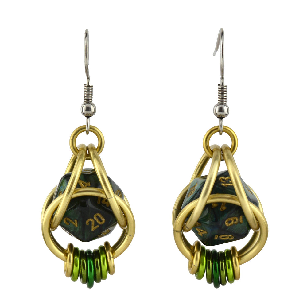 D20 Forest Green Earrings - Mini Dice Chainmaille Jewelry: Gold-plate