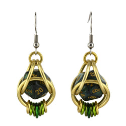 D20 Forest Green Earrings - Mini Dice Chainmaille Jewelry: Gold-plate