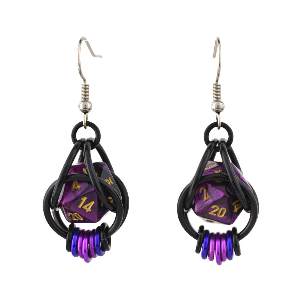 D20 Purple Goth Dice Earrings : Black stainless