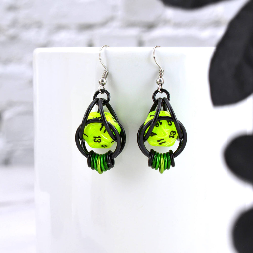 D20 Neon Green Earrings - 20-sided Dice in Black Chainmaille: Black stainless
