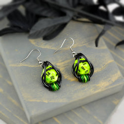 D20 Neon Green Earrings - 20-sided Dice in Black Chainmaille: Black stainless