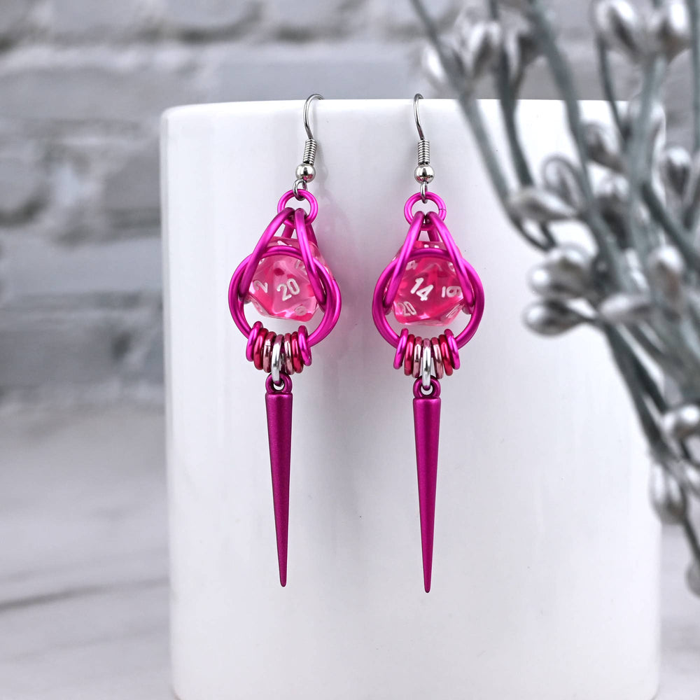 D20 Dice Earrings with Spike - Pink