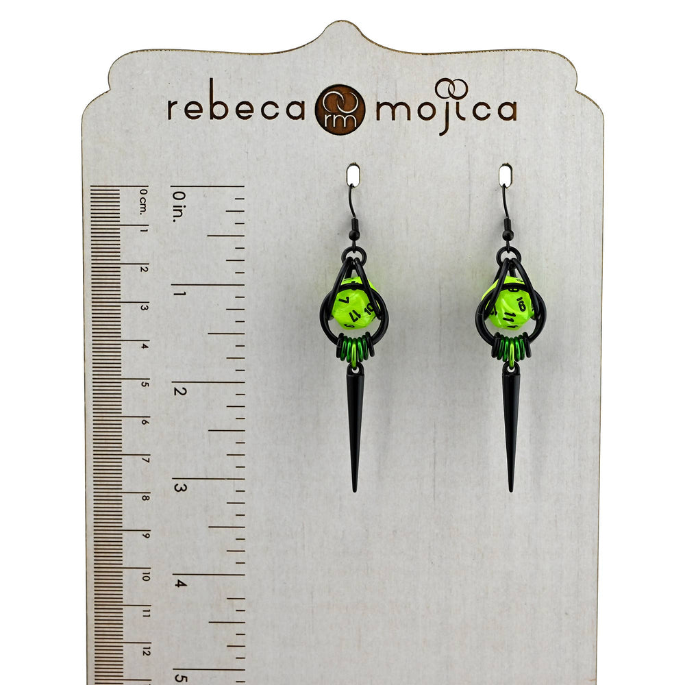 D20 Neon Green Spike Dice Earrings: Black stainless